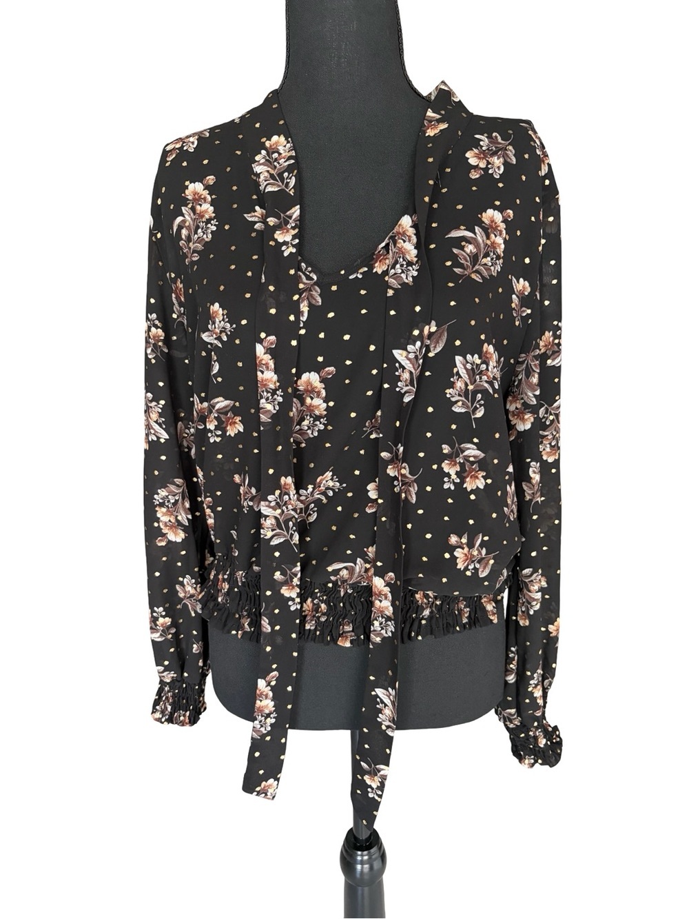 Sweet Rain Black Floral Tie-Neck Blouse with Gold Dot Accents